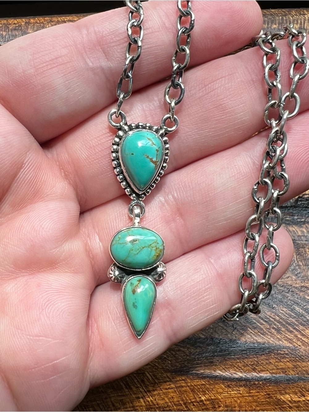 Kingman Turquoise Drop Necklace Sterling Silver 3 Stone Pendant | Southwestern - Picture 2 of 14